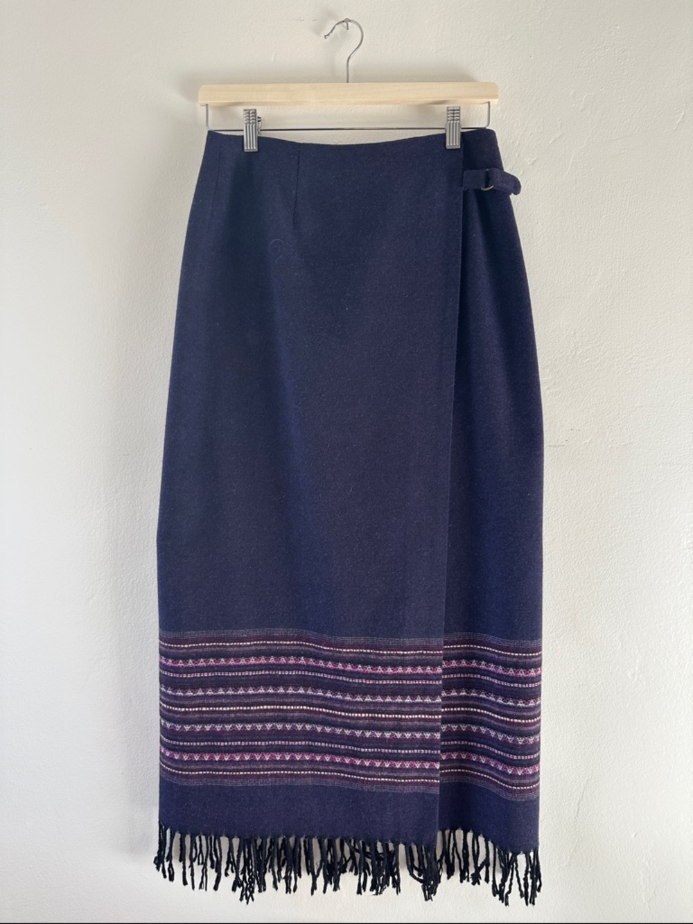 Worthington Navy Midi Wrap Skirt with Pink Patterned Border